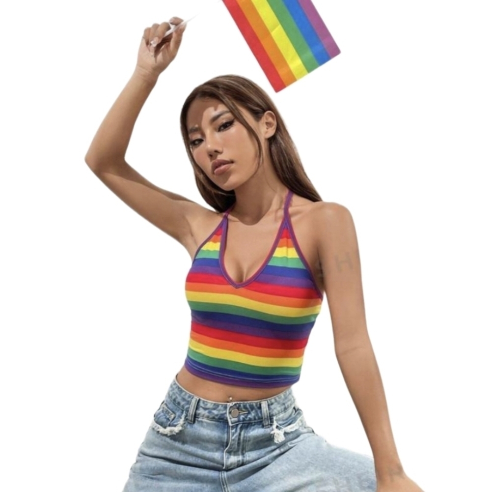 Shein Ezwear Rainbow Crop-Top Halter Top Open back Stripes Multicolored Cropped